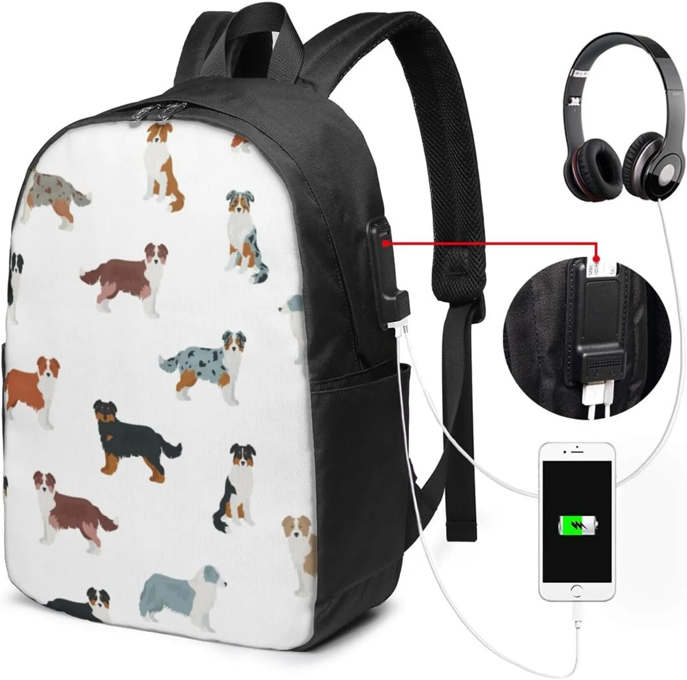 Australian Shepherd Dog Backpack, 17 Inch Travel Business Laptop Backpack With USB Port for Women Men