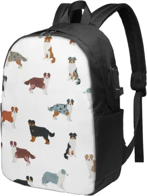Australian Shepherd Dog Backpack, 17 Inch Travel Business Laptop Backpack With USB Port for Women Men