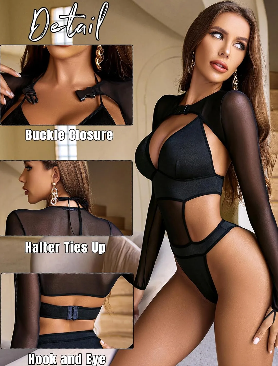 Avidlove Rave Outfits for Women Festival Sexy Lingerie Bodysuit Buckle Shrug Crop Top Set