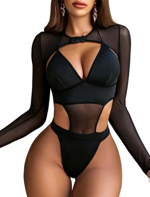 Avidlove Rave Outfits for Women Festival Sexy Lingerie Bodysuit Buckle Shrug Crop Top Set