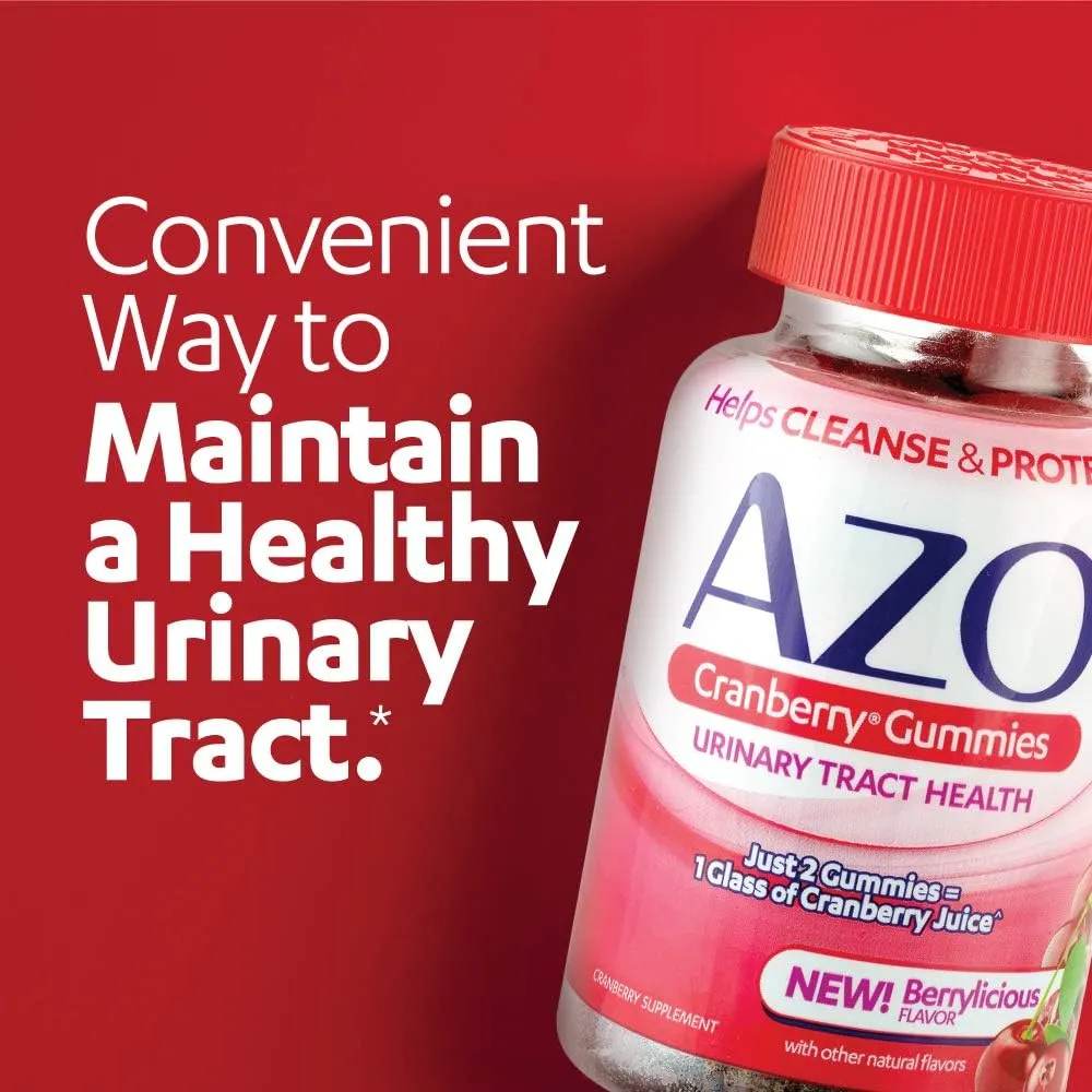 AZO Cranberry Urinary Tract Health Gummies Dietary Supplement, 2 Gummies = 1 Glass of Cranberry Juice, Helps Cleanse & Protect, Natural Berrylicious Flavor, Non-GMO, 72 Gummies