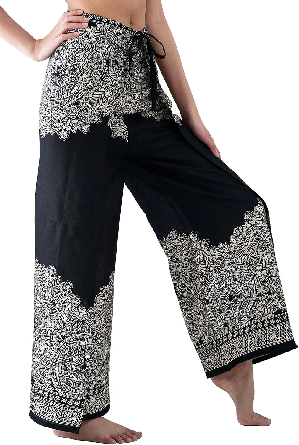 B BANGKOK PANTS Women's Boho Palazzo Pants Wide Leg Yoga Wrap Tie Up Waist