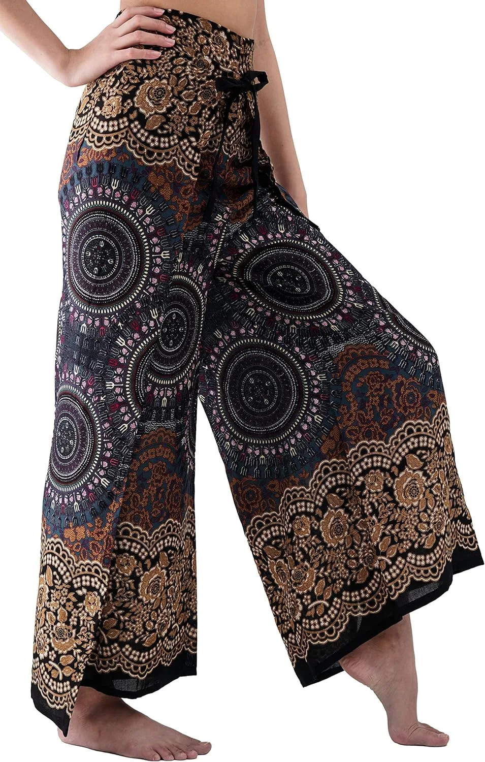 B BANGKOK PANTS Women's Boho Palazzo Pants Wide Leg Yoga Wrap Tie Up Waist