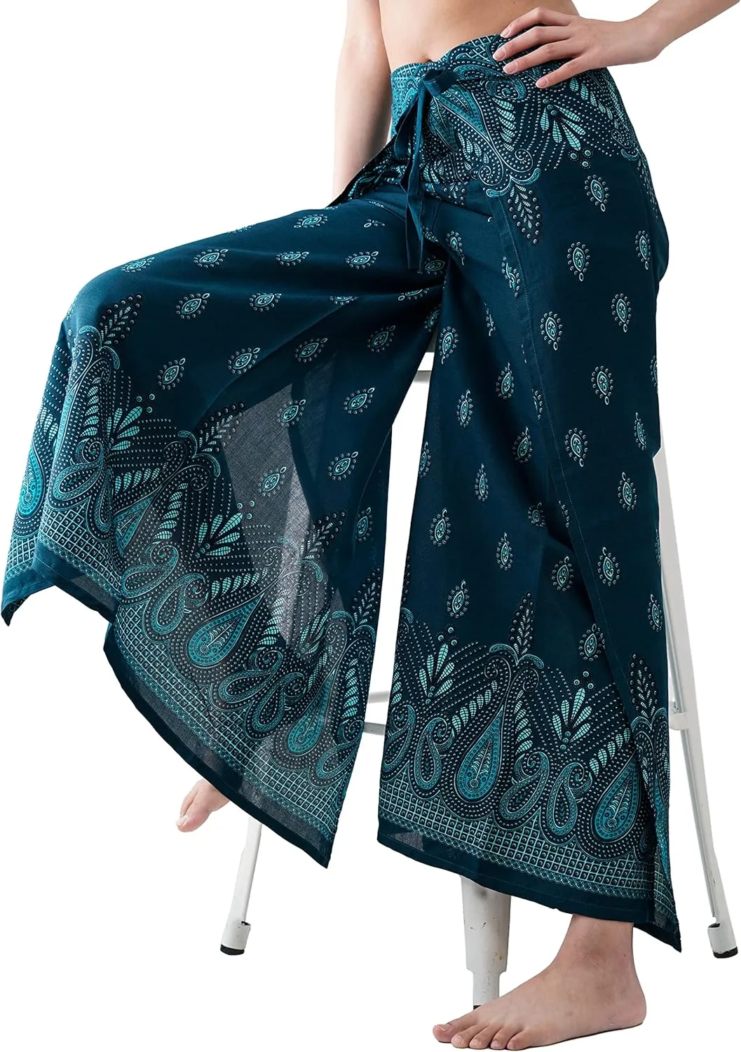 B BANGKOK PANTS Women's Boho Palazzo Pants Wide Leg Yoga Wrap Tie Up Waist