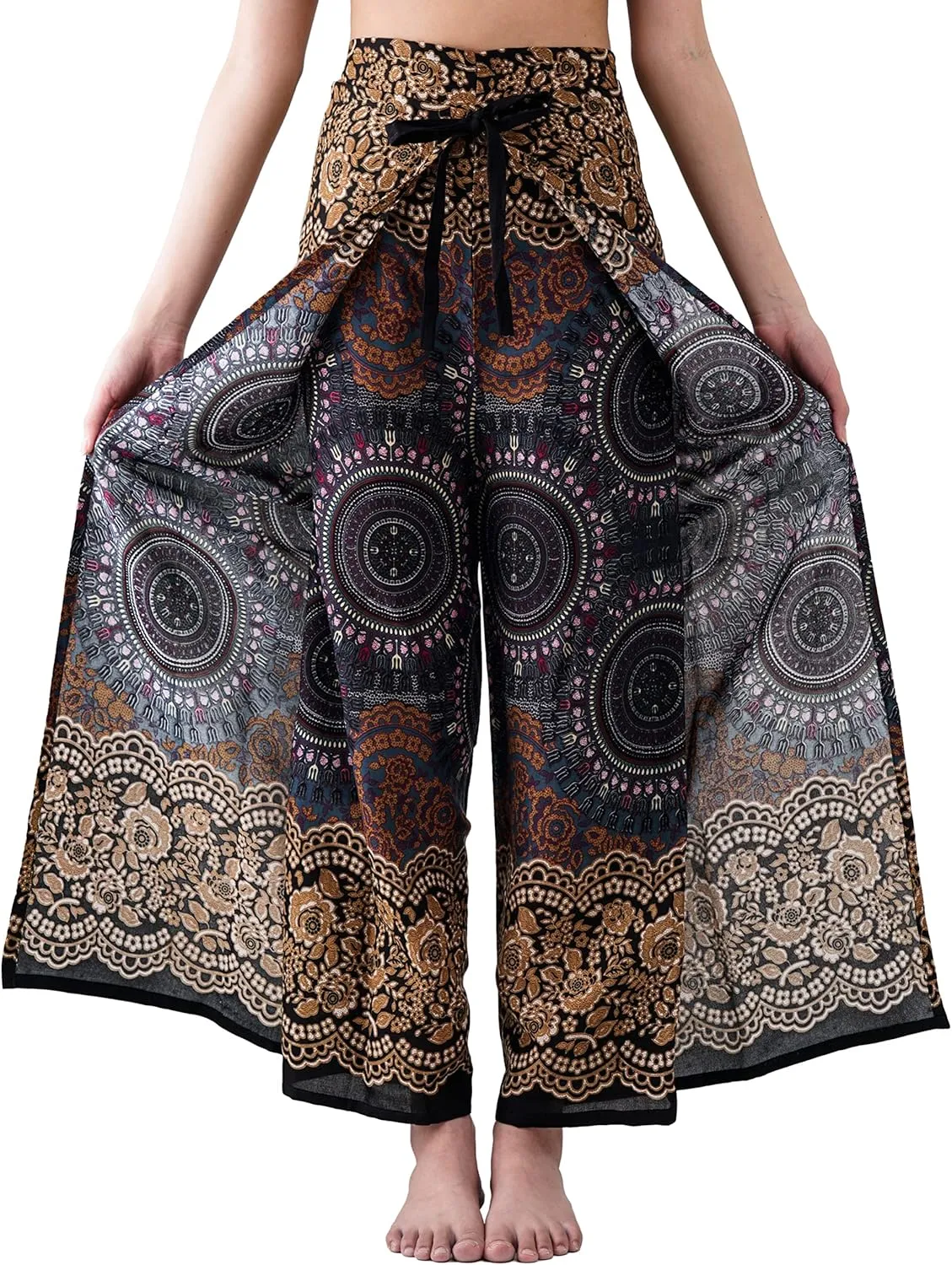 B BANGKOK PANTS Women's Boho Palazzo Pants Wide Leg Yoga Wrap Tie Up Waist