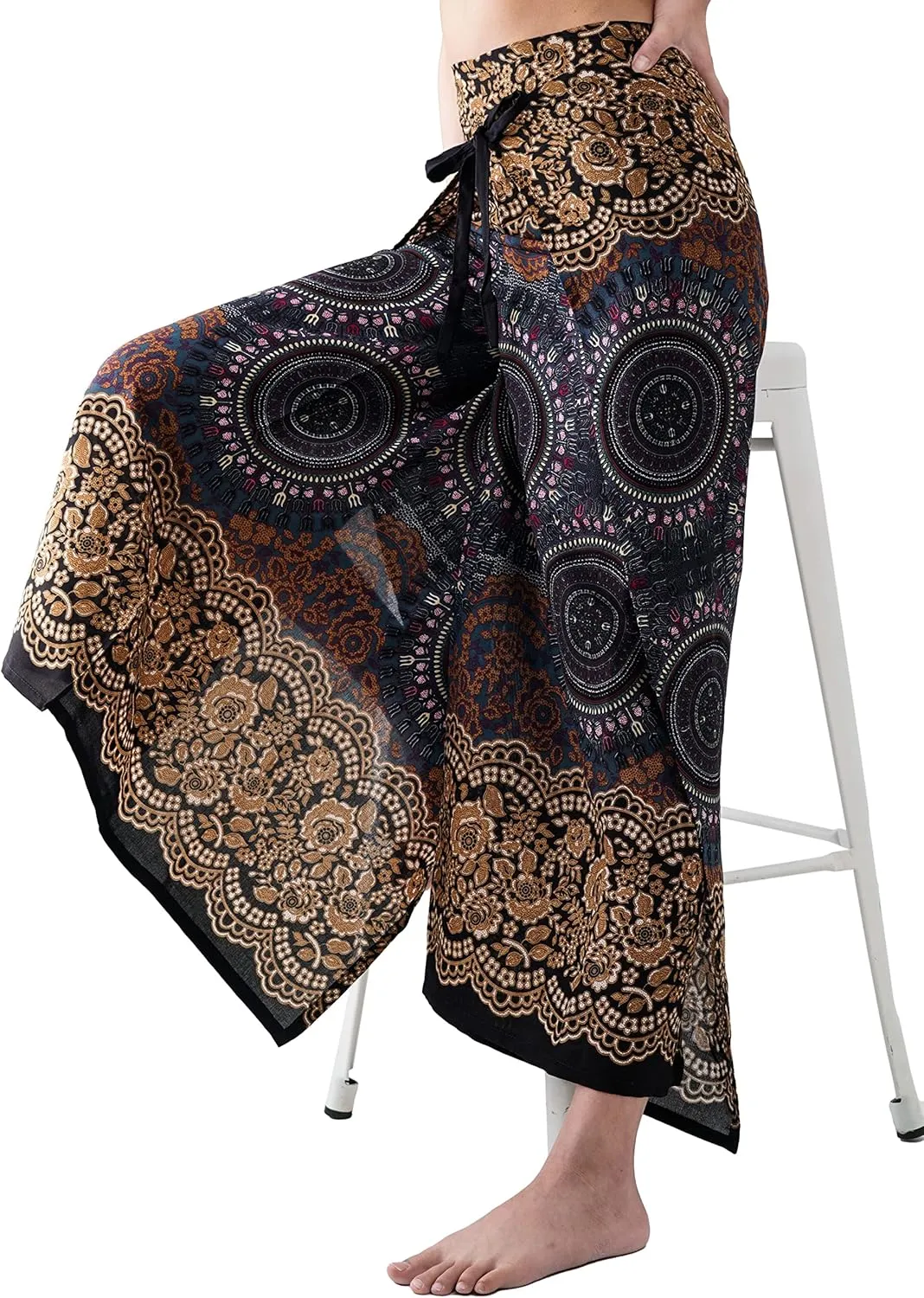 B BANGKOK PANTS Women's Boho Palazzo Pants Wide Leg Yoga Wrap Tie Up Waist
