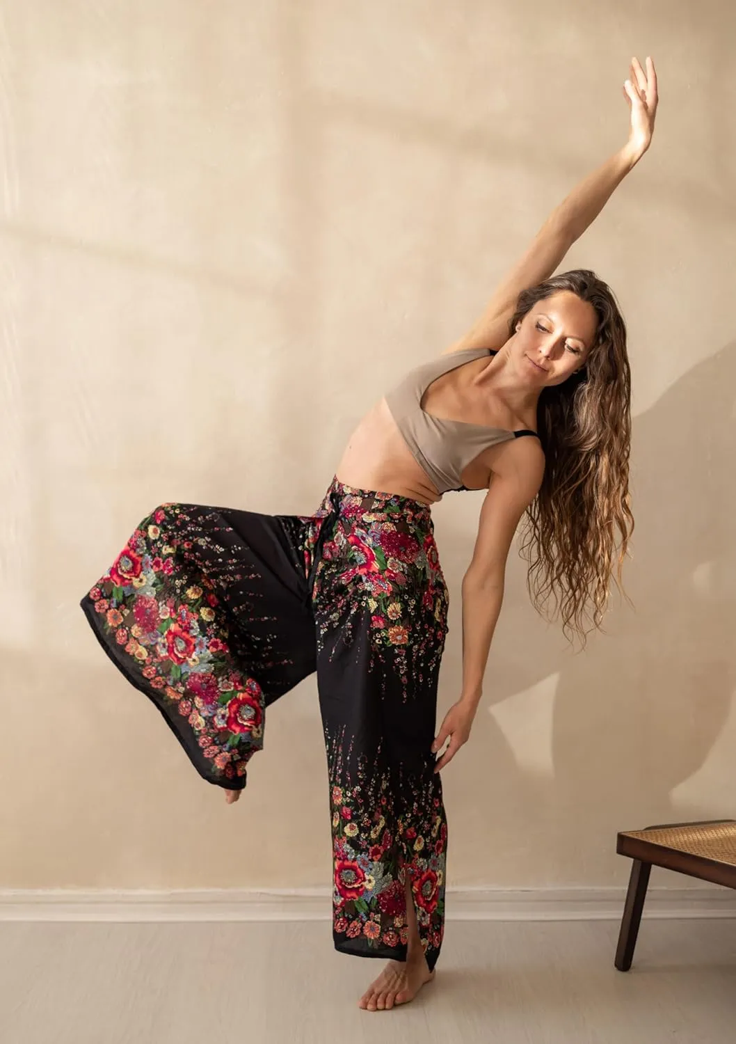 B BANGKOK PANTS Women's Boho Palazzo Pants Wide Leg Yoga Wrap Tie Up Waist