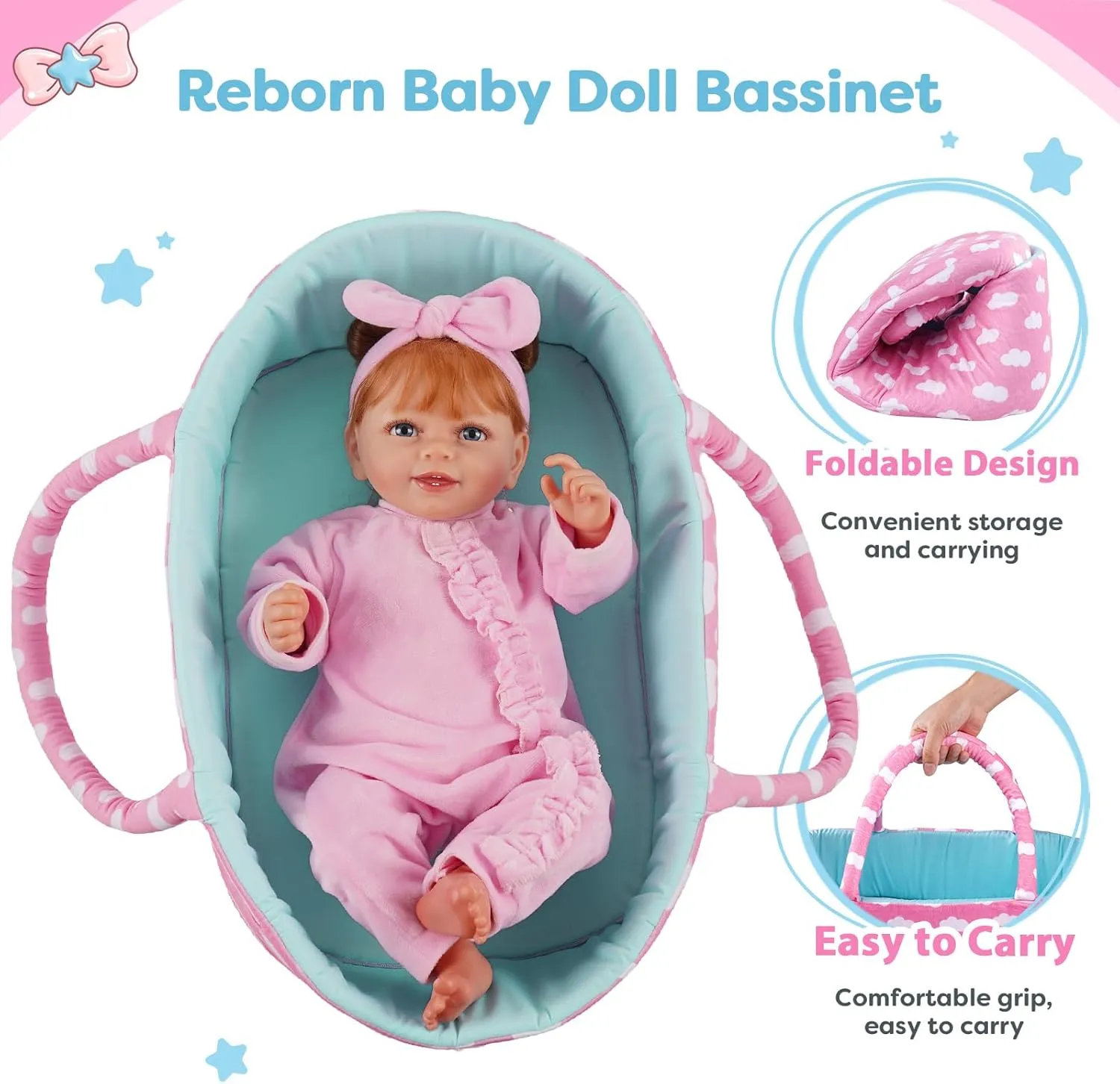BABESIDE Reborn Baby Dolls Bassinet Foldable Baby Doll Crib Bed Soft Dolls Carrier Doll Accessories with Handle for 17-22 inch Babies Dolls Girls Boys