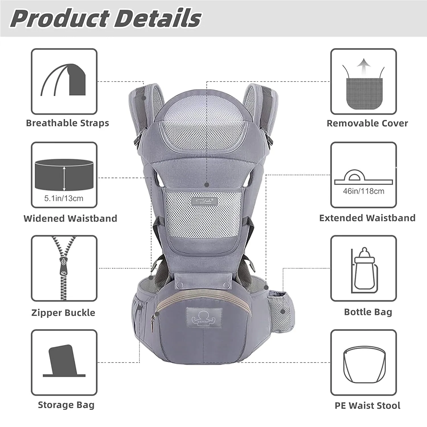 Baby Carrier Ergonomic Infant Carrier with Hip Seat Kangaroo Bag Soft Baby Carrier Newborn to Toddler 7-45lbs Front and Back Baby Holder Carrier for Men Dad Mom (Grey)