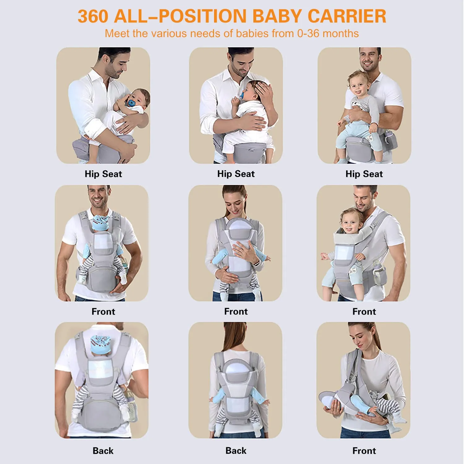 Baby Carrier Ergonomic Infant Carrier with Hip Seat Kangaroo Bag Soft Baby Carrier Newborn to Toddler 7-45lbs Front and Back Baby Holder Carrier for Men Dad Mom (Grey)