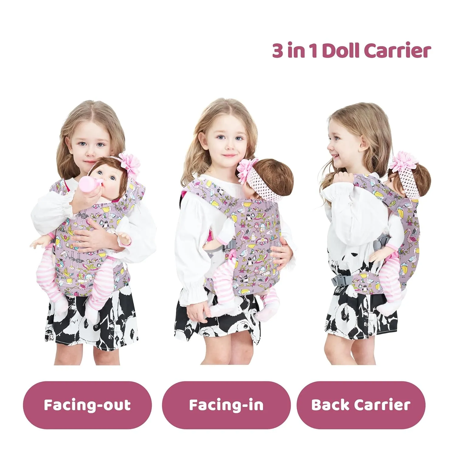 Baby Doll Carrier Front and Back Baby Doll Accessories Backpack Kid Toddlers Play Toy Baby Carriers for Babydoll Pretend with Adjustable Straps for Little Girls (Animals)