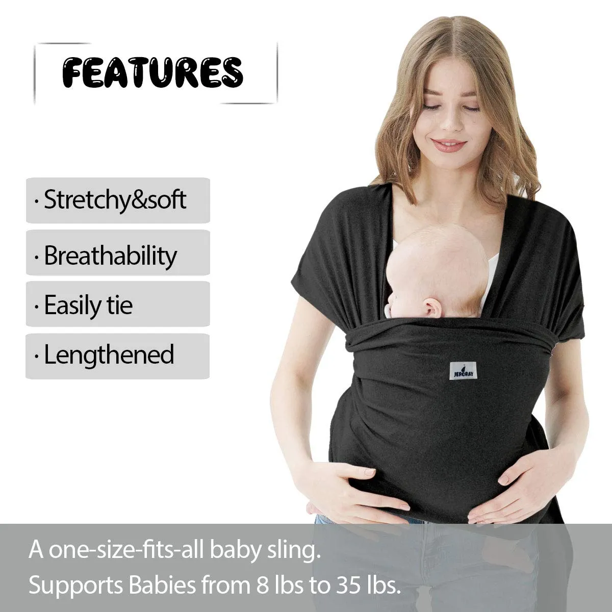 Baby Wraps Carrier, Jeroray Baby Carrier,Hands Free Infant Carrier, Lightweight,Breathable,Softness,Black