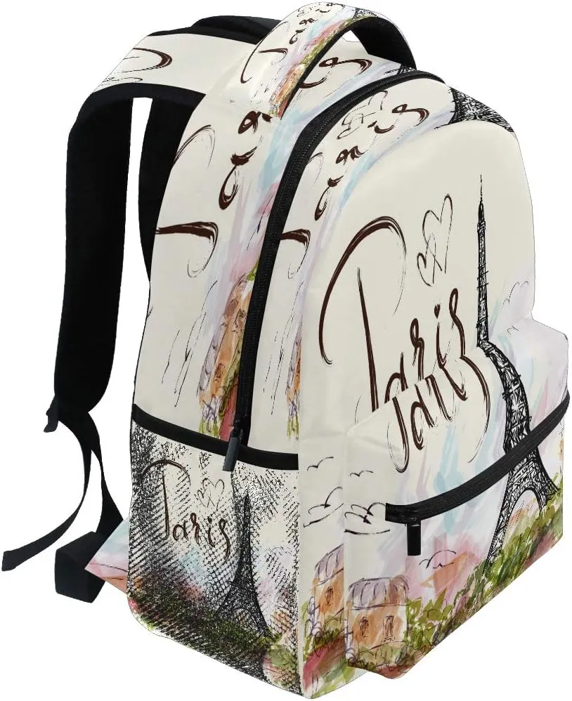 Backpacks France Paris Eiffel Tower House School Bag Student Bookbag Adjustable Shoulder Bags Laptop Rucksack Travel Hiking Camping Daypack for Teens Girls Boys Women Men