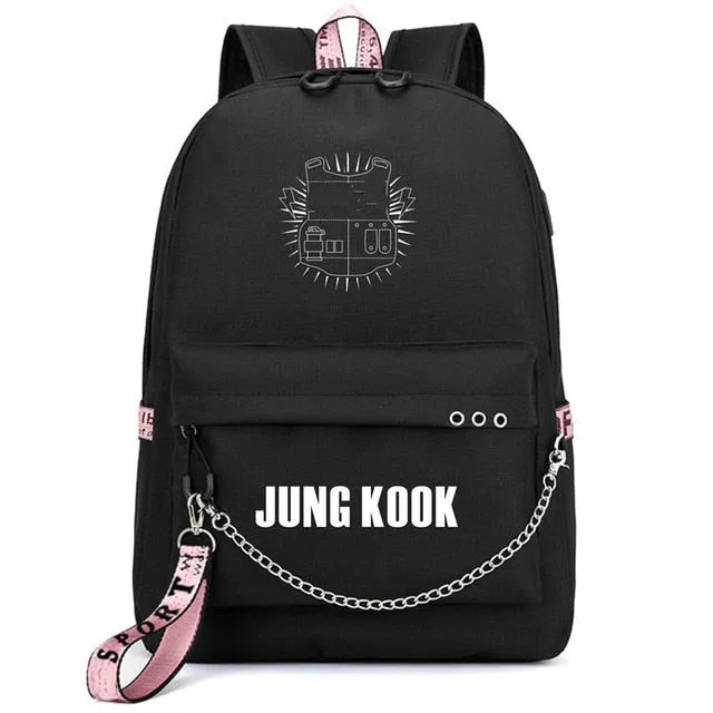 Bags Bangtan Port JIMIN USB Client satisfaction Boys Monster Stylish design Rap JUNG Backpack Travel HOT Mochila Bags KOOK Chain Backpack Headphone School Laptop