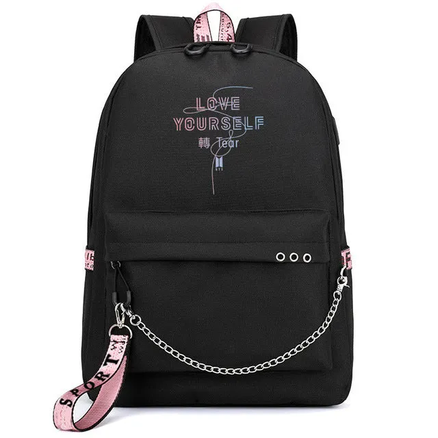Bags Bangtan Port JIMIN USB Client satisfaction Boys Monster Stylish design Rap JUNG Backpack Travel HOT Mochila Bags KOOK Chain Backpack Headphone School Laptop