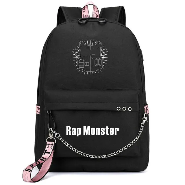 Bags Bangtan Port JIMIN USB Client satisfaction Boys Monster Stylish design Rap JUNG Backpack Travel HOT Mochila Bags KOOK Chain Backpack Headphone School Laptop
