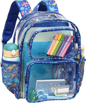Bagseri Clear Backpack for Boys - 15 Inch Heavy Duty Clear Bookbag for School Safe and Lightweight Transparent Backpack for Kids Aged 3 to 7, Blue Dinosaur