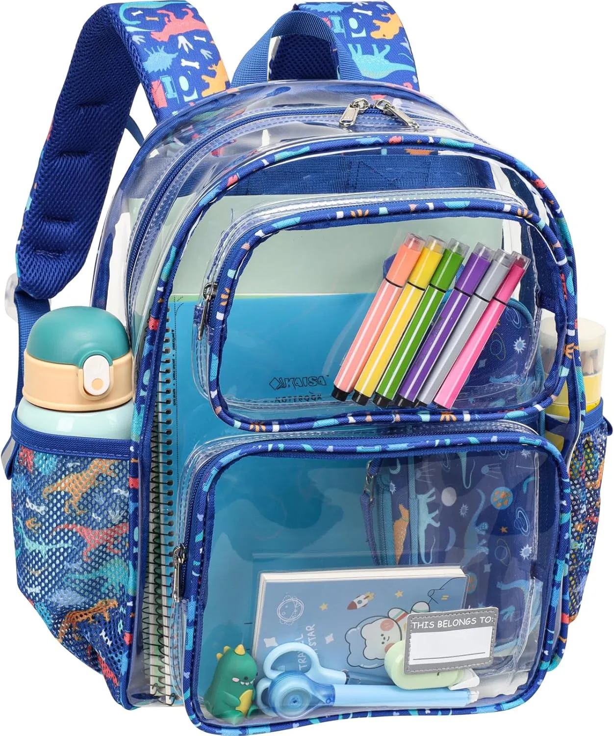 Bagseri Clear Backpack for Boys - 15 Inch Heavy Duty Clear Bookbag for School Safe and Lightweight Transparent Backpack for Kids Aged 3 to 7, Blue Dinosaur