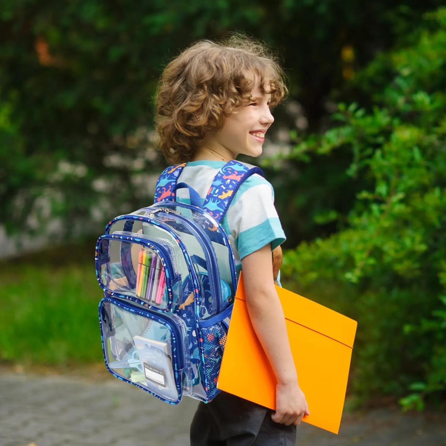 Bagseri Clear Backpack for Boys - 15 Inch Heavy Duty Clear Bookbag for School Safe and Lightweight Transparent Backpack for Kids Aged 3 to 7, Blue Dinosaur