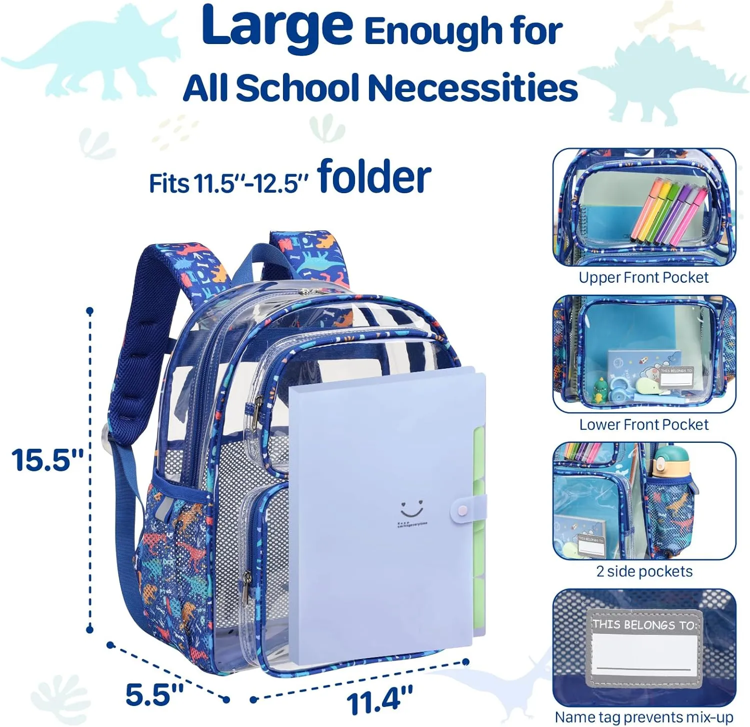 Bagseri Clear Backpack for Boys - 15 Inch Heavy Duty Clear Bookbag for School Safe and Lightweight Transparent Backpack for Kids Aged 3 to 7, Blue Dinosaur