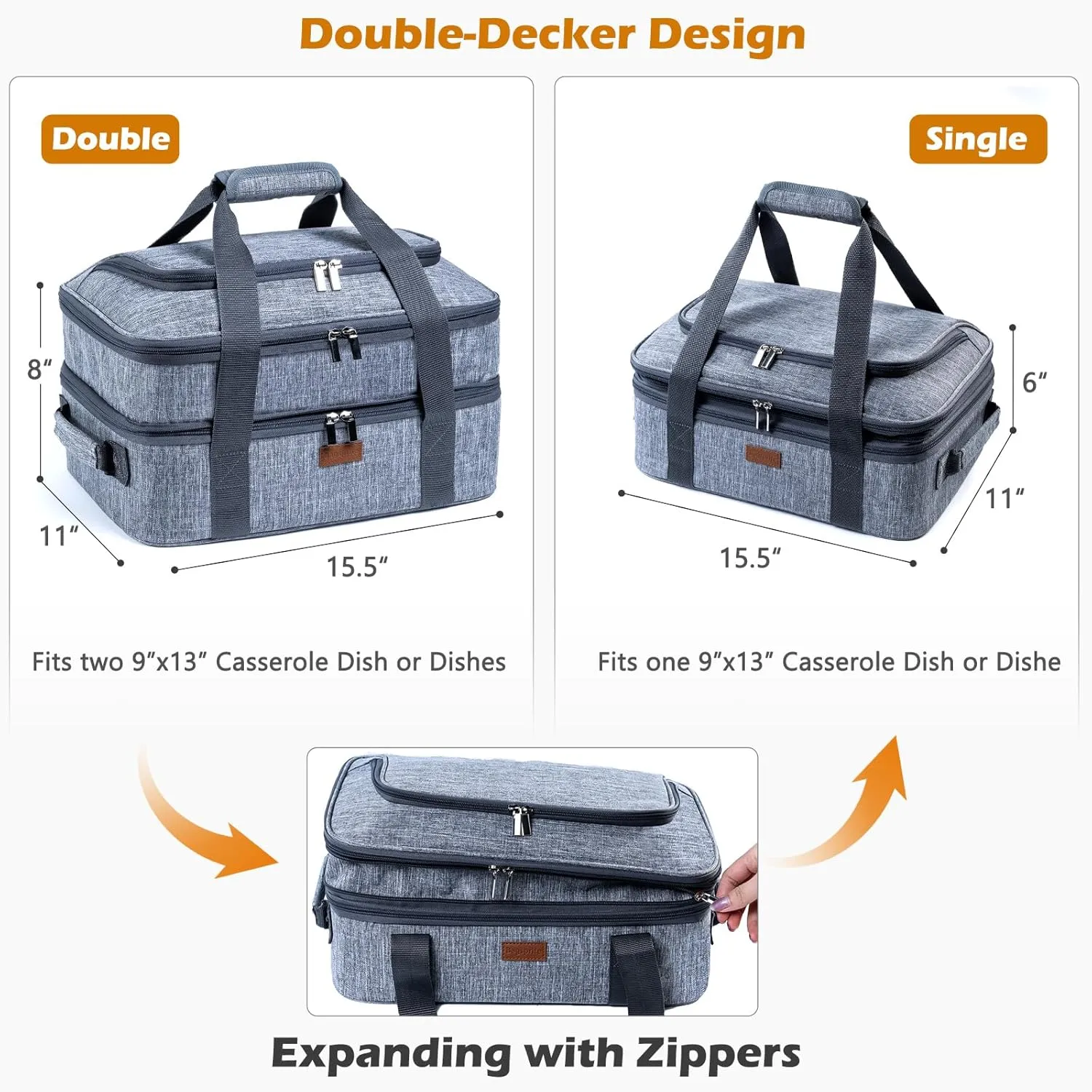 BAGSPRITE Expandable Insulated Casserole Carrier for Hot or Cold Food, Casserole Dish Carrying Case,Thermal Lasanga Lugger Tote for Pockluck, Parties, Picnic, Fits 9" x 13" Baking Dish,