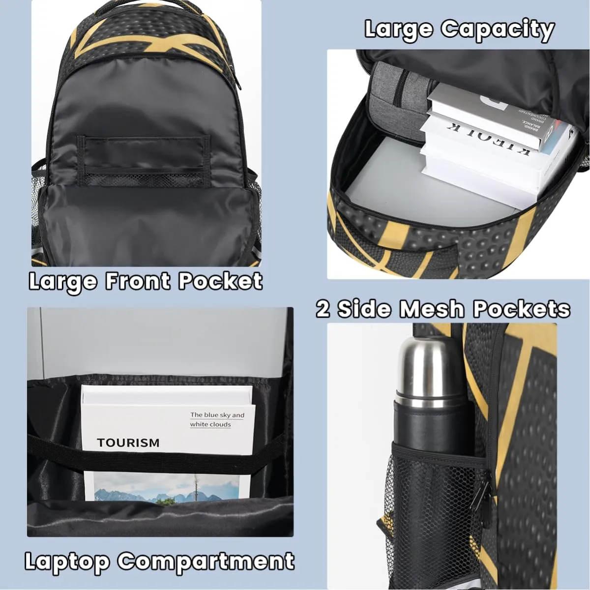 Balck Gold Sport Basketball Backpack School Bookbag Laptop Purse Casual Daypack for Teen Girls Women Boys Men College Travel