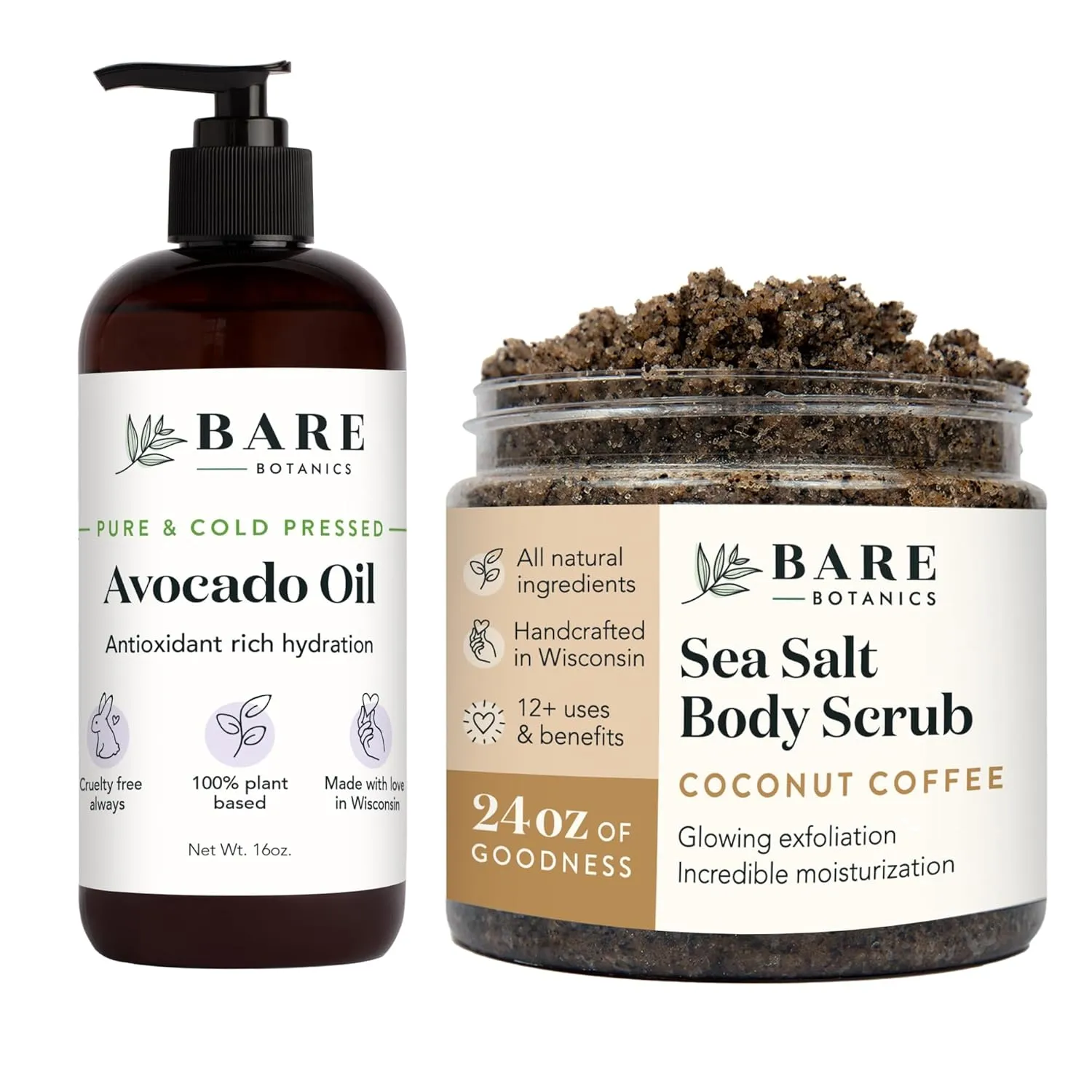 Bare Botanics Avocado Hair & Body Oil   Coconut Coffee Body Salt Scrub