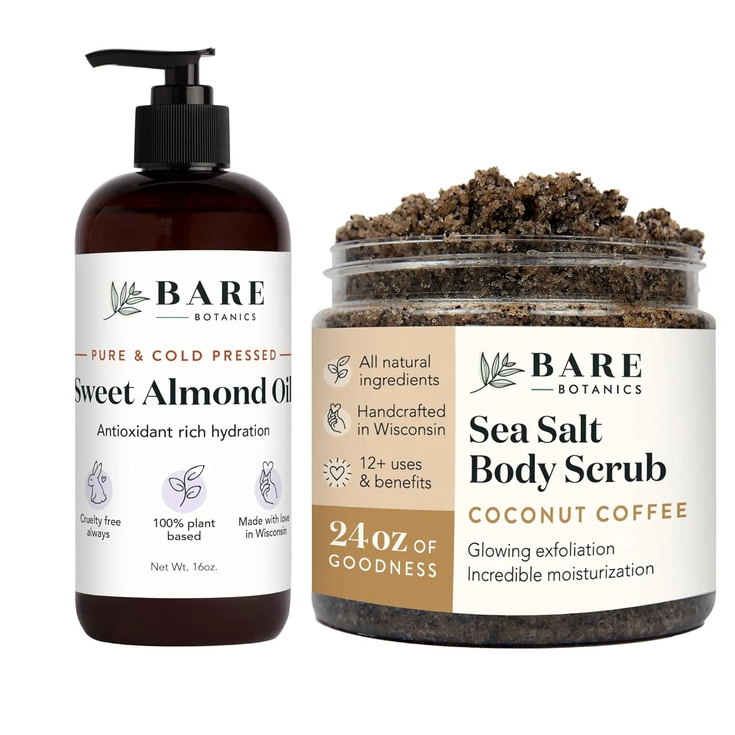Bare Botanics Sweet Almond Hair & Body Oil   Coconut Coffee Body Salt Scrub