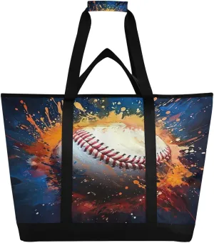 Baseball Pattern Reusable Insulated Lunchbox Cooler Bag, Leakproof Kitchen Grocery Bag Collapsible Portable Cooler Tote Bag for Picnic, Camping, Office, Travel