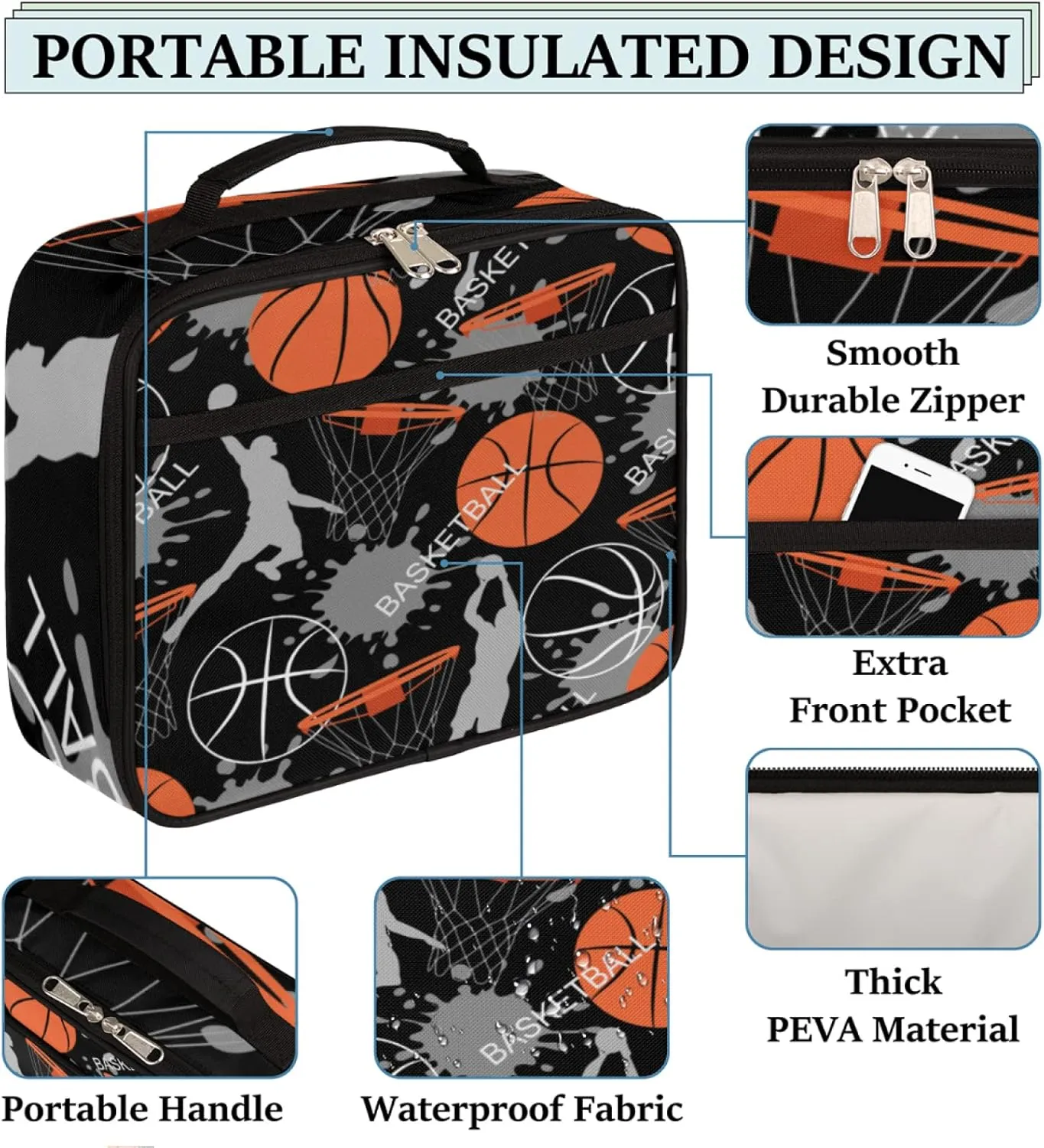 Basketball Slam Duck Insulated Lunch Box for Boys Girls Adult, Reusable Back to School Lunch Bag, Leakproof Meal Prep Tote Kit Cooler Bag Lunch Tote Bag for Work Beach Outdoor