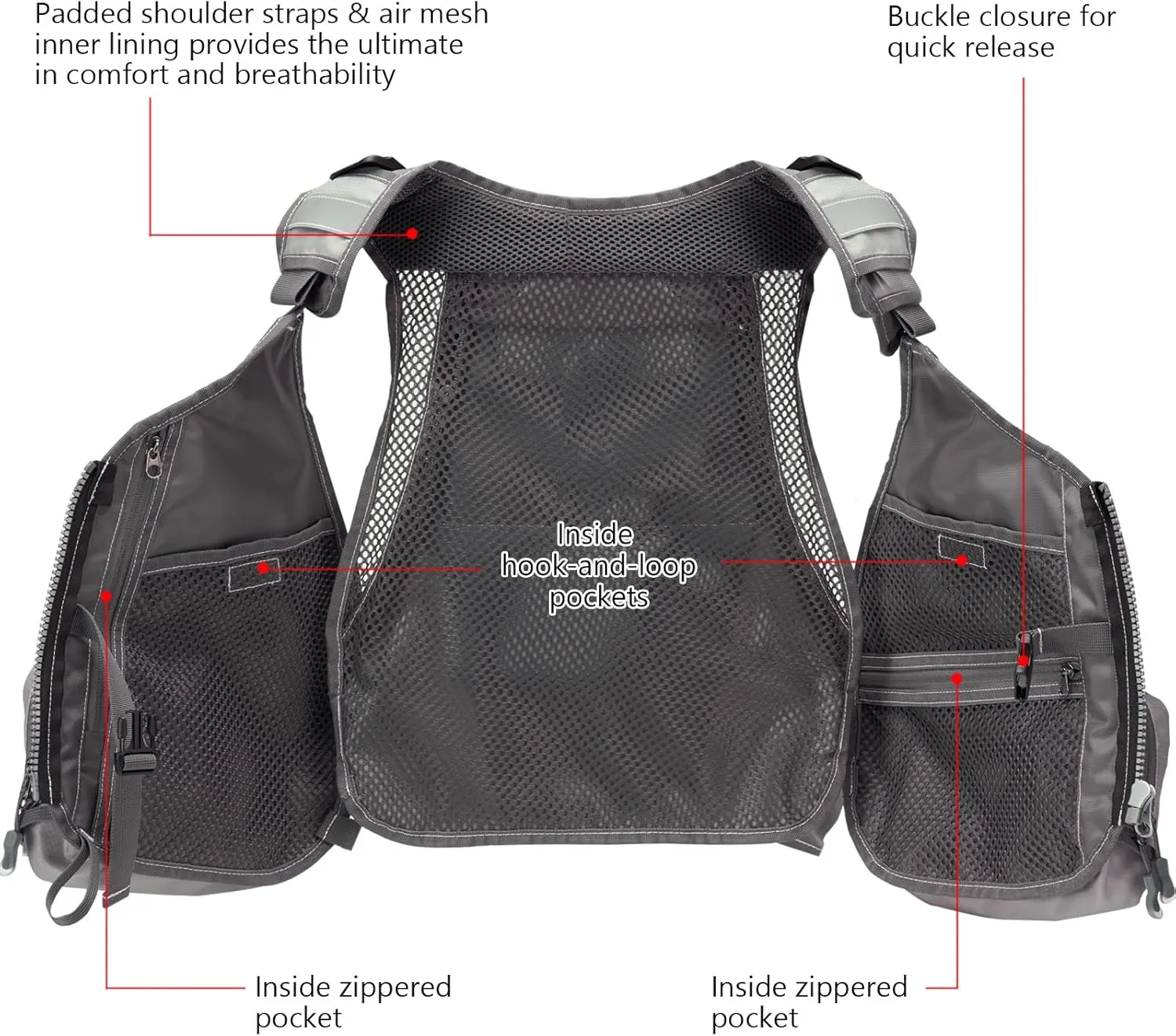 BASSDASH Fly Fishing Vest Adjustable Size with Detachable Water Bottle Holder for Men and Women FV07