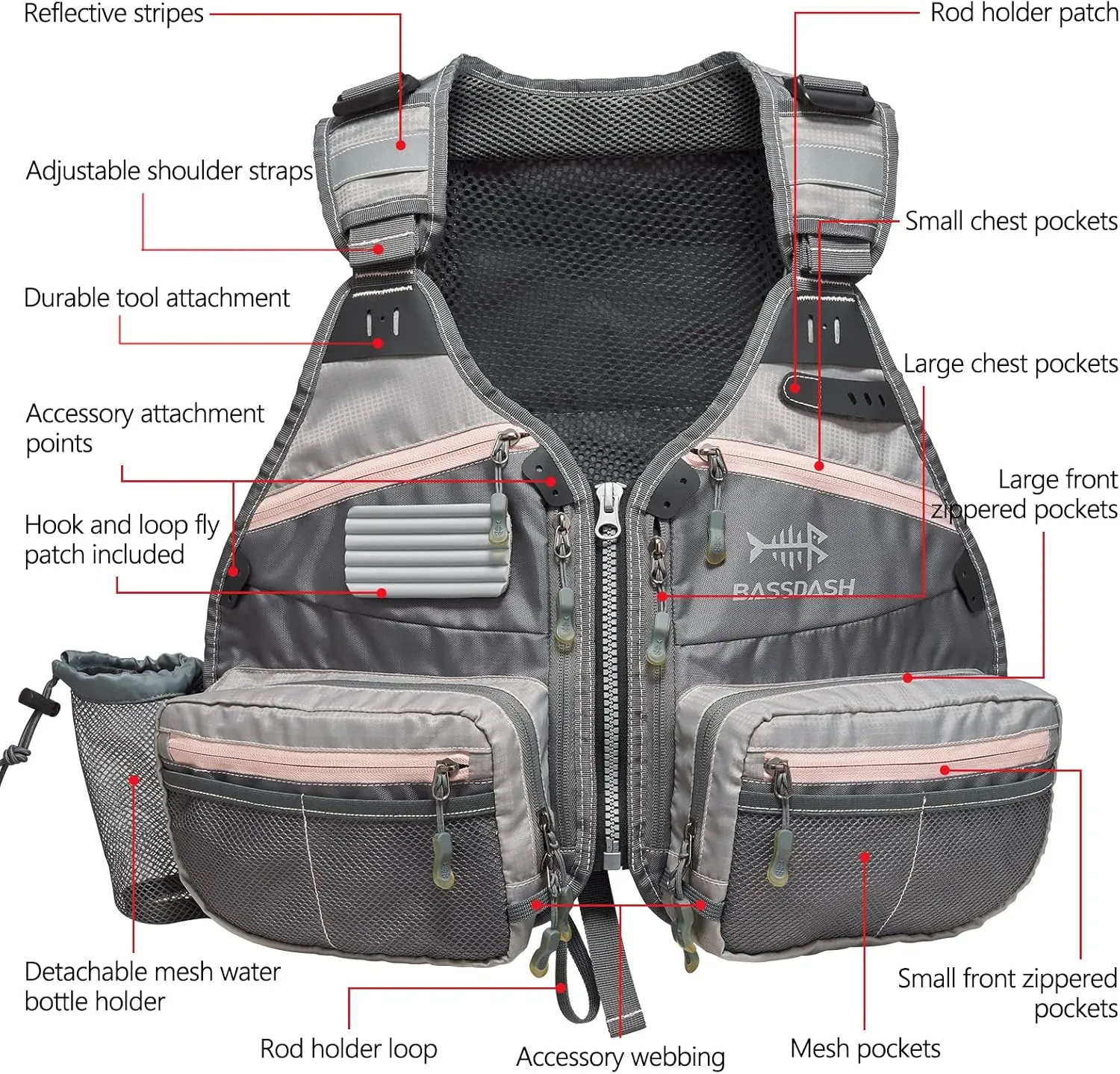BASSDASH Fly Fishing Vest Adjustable Size with Detachable Water Bottle Holder for Men and Women FV07