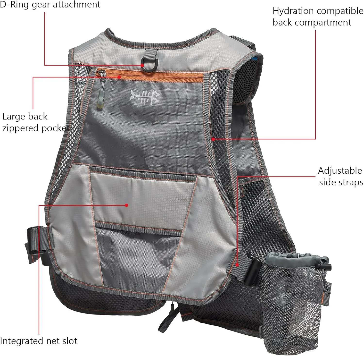BASSDASH Fly Fishing Vest Adjustable Size with Detachable Water Bottle Holder for Men and Women FV07