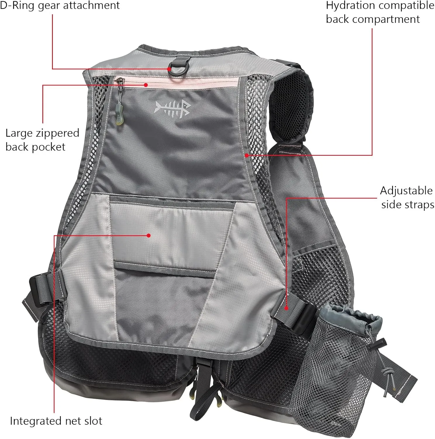 BASSDASH Fly Fishing Vest Adjustable Size with Detachable Water Bottle Holder for Men and Women FV07
