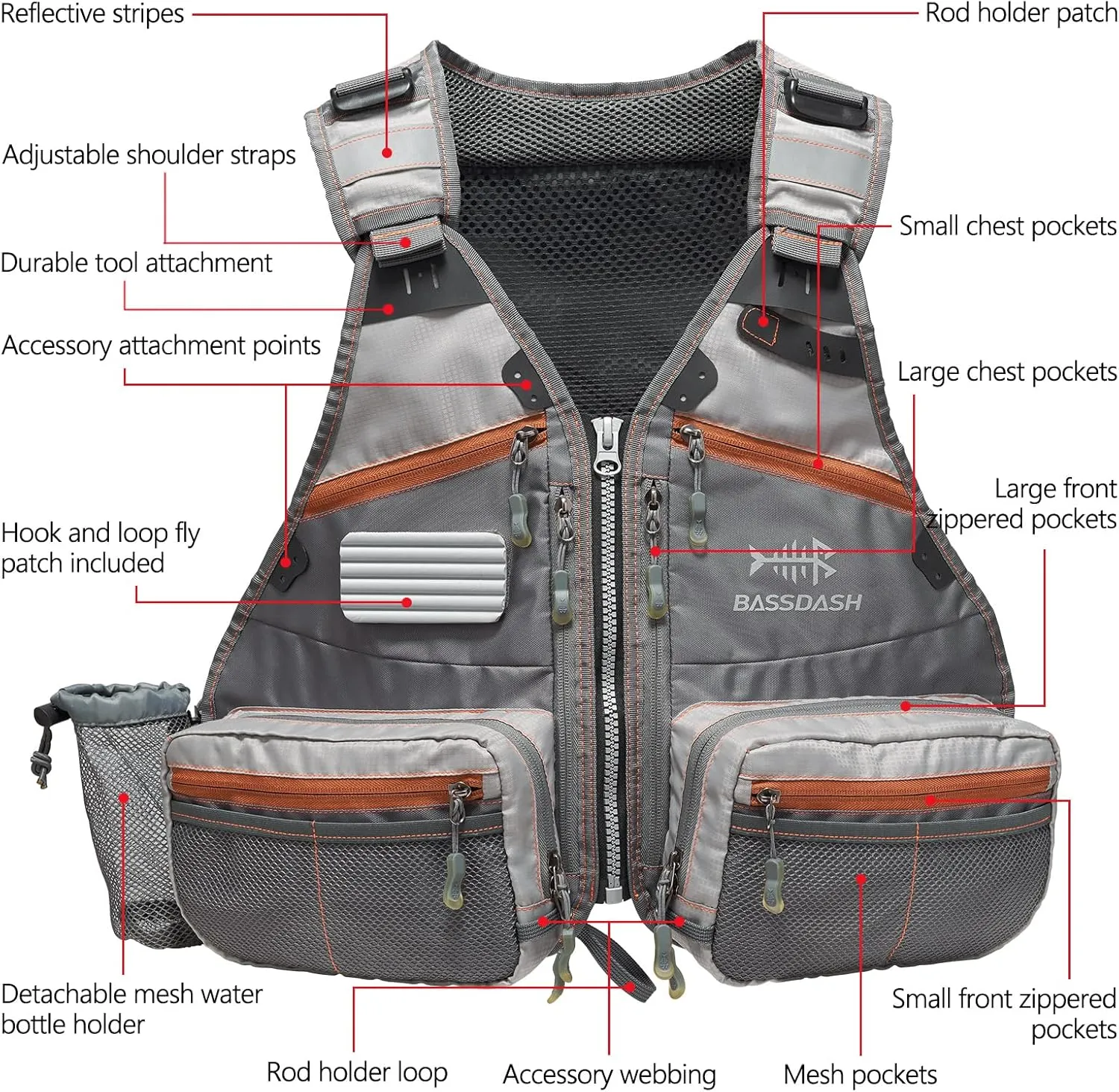 BASSDASH Fly Fishing Vest Adjustable Size with Detachable Water Bottle Holder for Men and Women FV07