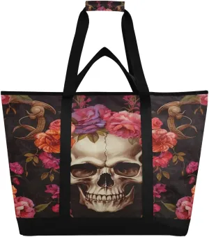Beautiful Flowers and Skull Reusable Insulated Lunchbox Cooler Bag, Leakproof Kitchen Grocery Bag Collapsible Portable Cooler Tote Bag for Picnic, Camping, Office, Travel