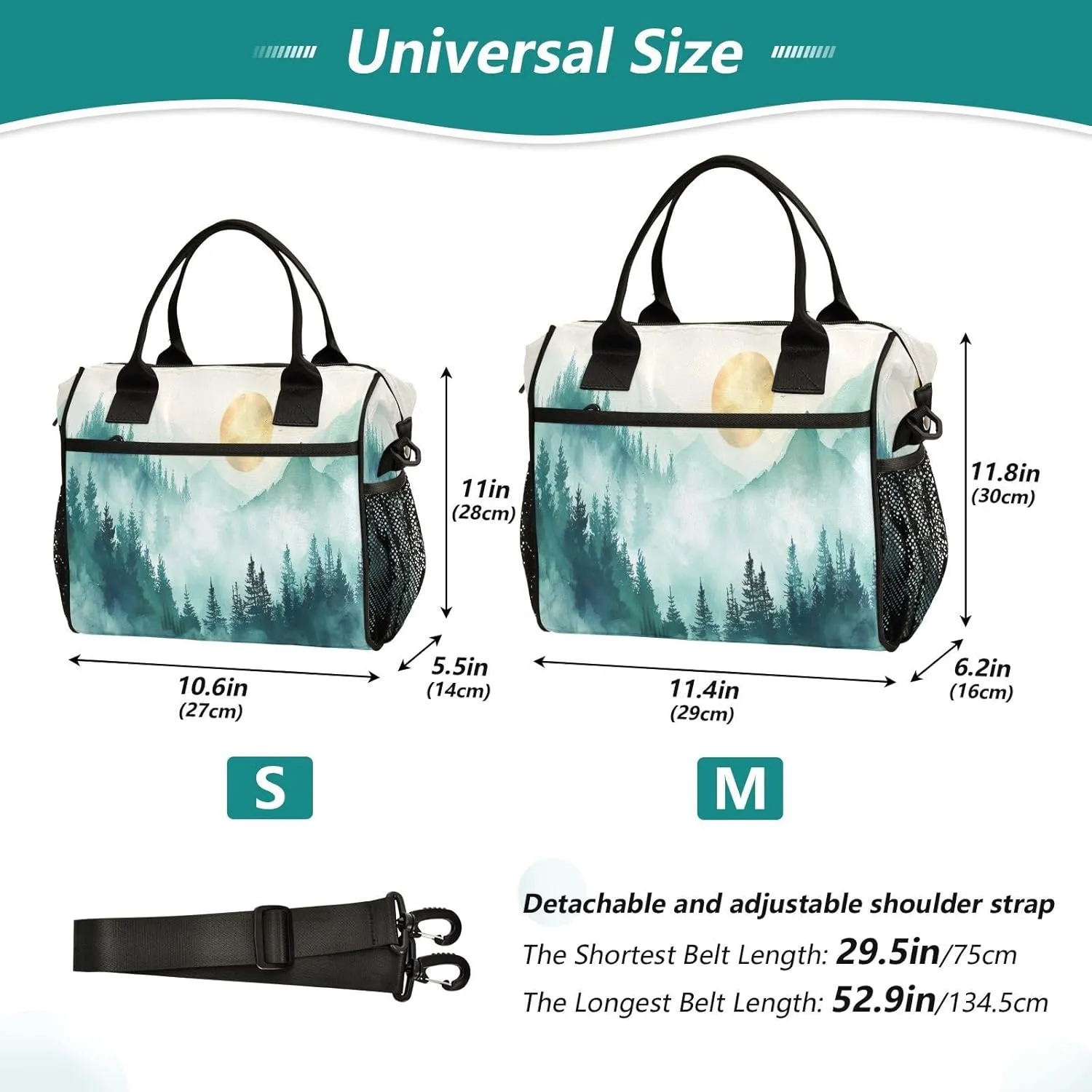 Beautiful Green Ink Mountain Range Lunch Bag Women & Men,Leakproof Reusable Insulated Lunch Box Portable Cooler with Adjustable Shoulder Strap for Travel Work Picnic