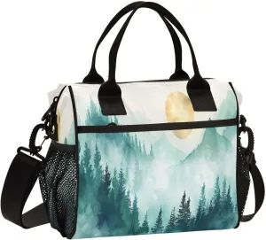 Beautiful Green Ink Mountain Range Lunch Bag Women & Men,Leakproof Reusable Insulated Lunch Box Portable Cooler with Adjustable Shoulder Strap for Travel Work Picnic