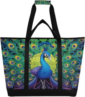 Beautiful Peacock Reusable Insulated Lunchbox Cooler Bag, Leakproof Kitchen Grocery Bag Collapsible Portable Cooler Tote Bag for Picnic, Camping, Office, Travel