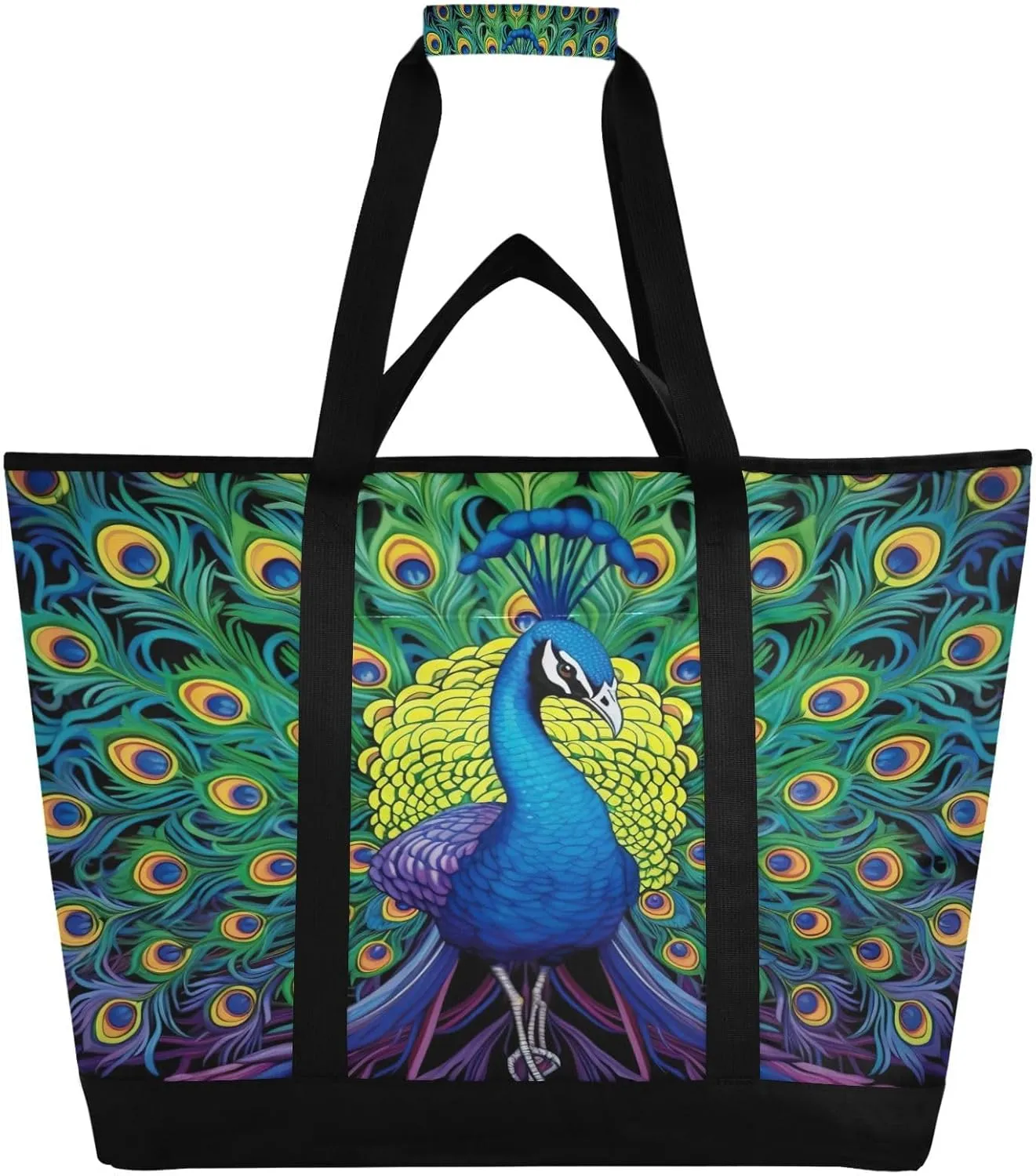Beautiful Peacock Reusable Insulated Lunchbox Cooler Bag, Leakproof Kitchen Grocery Bag Collapsible Portable Cooler Tote Bag for Picnic, Camping, Office, Travel