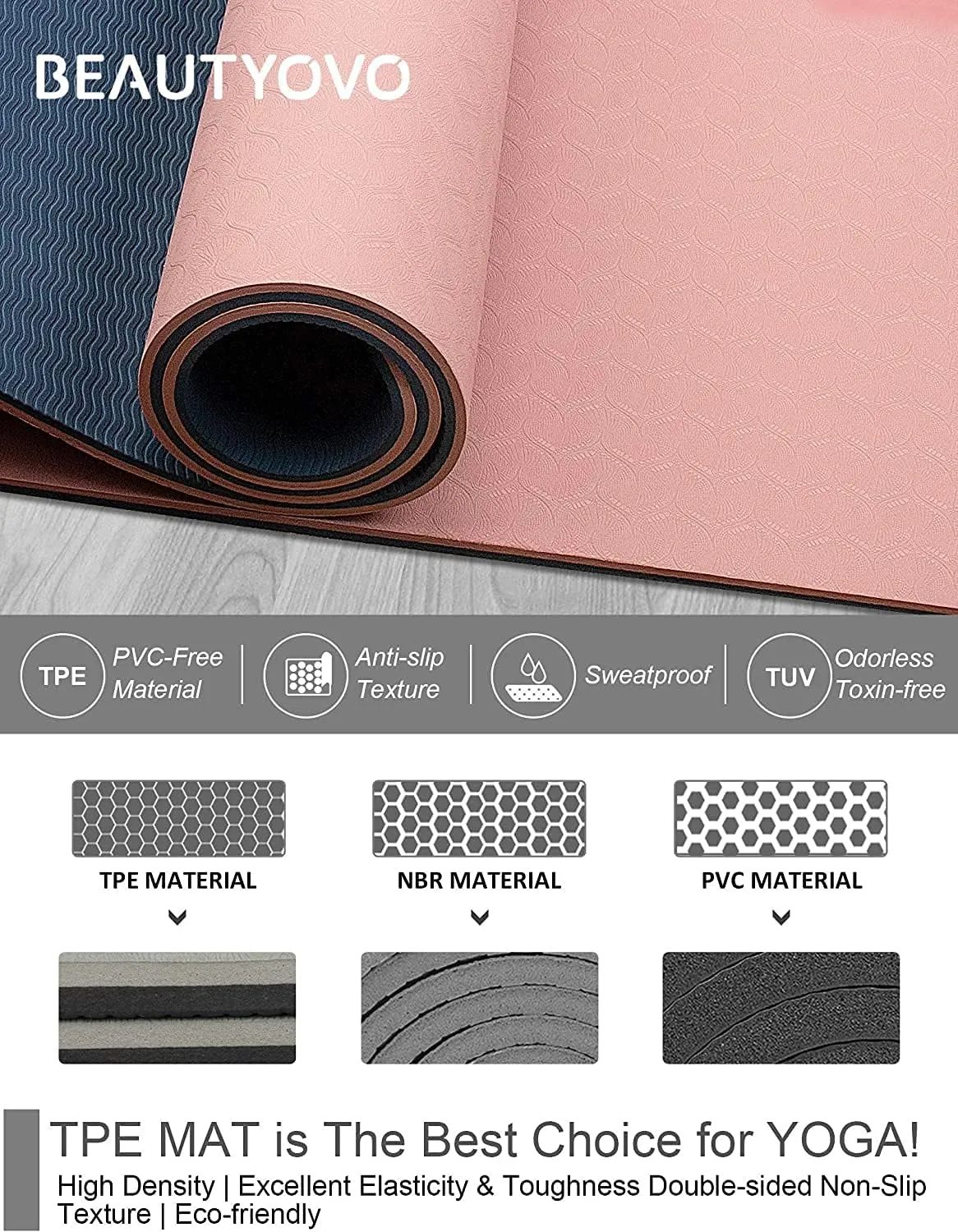 BEAUTYOVO Yoga Mat with Strap, 1/3 Inch Extra Thick Yoga Mat Double-sided Non Slip, Professional TPE Yoga Mats for Women Men, Workout Mat for Yoga, Pilates and Floor Exercises
