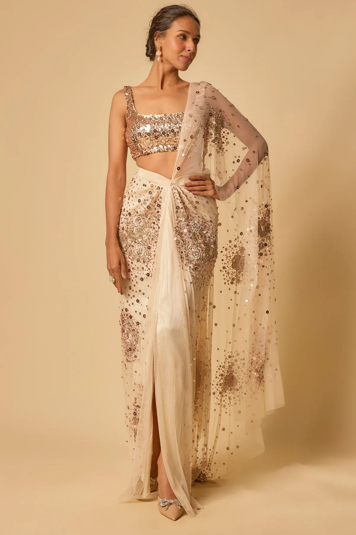Beige Sequins Pre-Stitched Saree