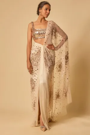 Beige Sequins Pre-Stitched Saree