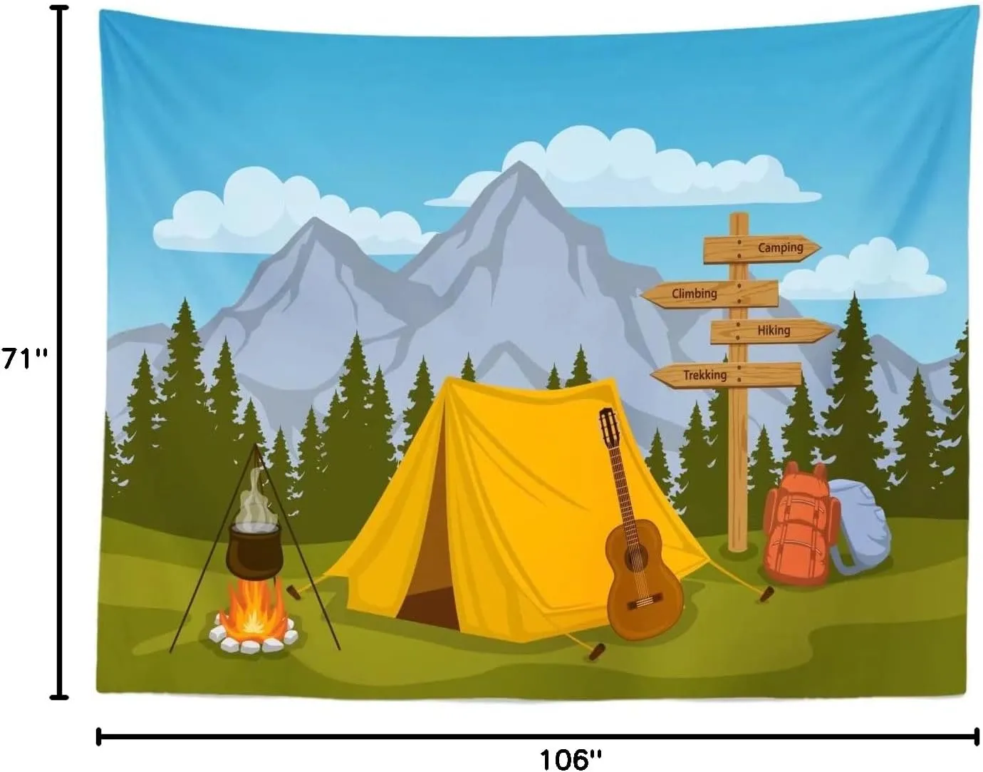 BELECO Cartoon Camping Backdrop 9x6ft Fabric Forest and Mountain Scenery Outdoor Campfire Camper Tent Theme Birthday Party Backdrop Hiking Climbing Sign Guitar Backpacks Background Photo Props