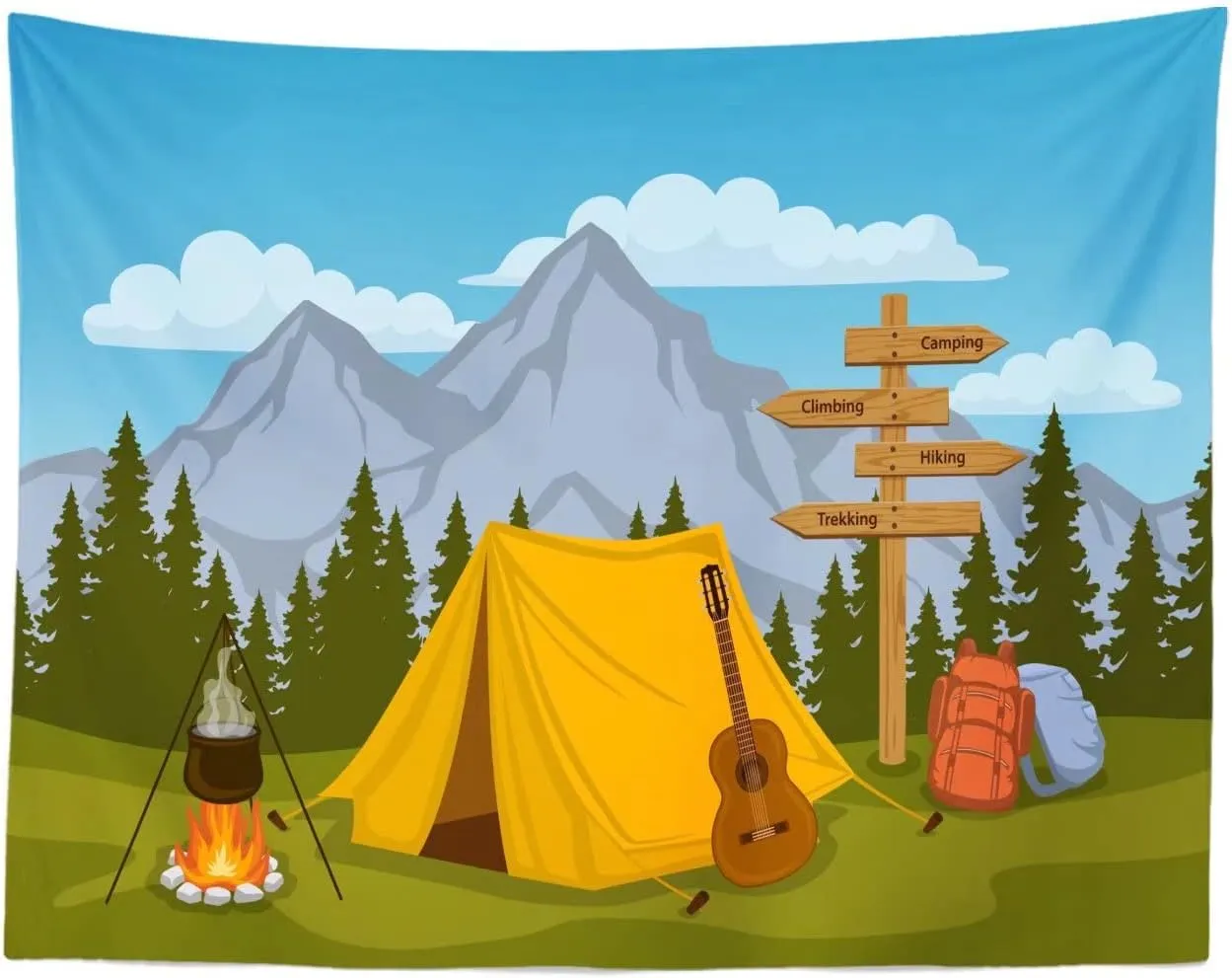 BELECO Cartoon Camping Backdrop 9x6ft Fabric Forest and Mountain Scenery Outdoor Campfire Camper Tent Theme Birthday Party Backdrop Hiking Climbing Sign Guitar Backpacks Background Photo Props