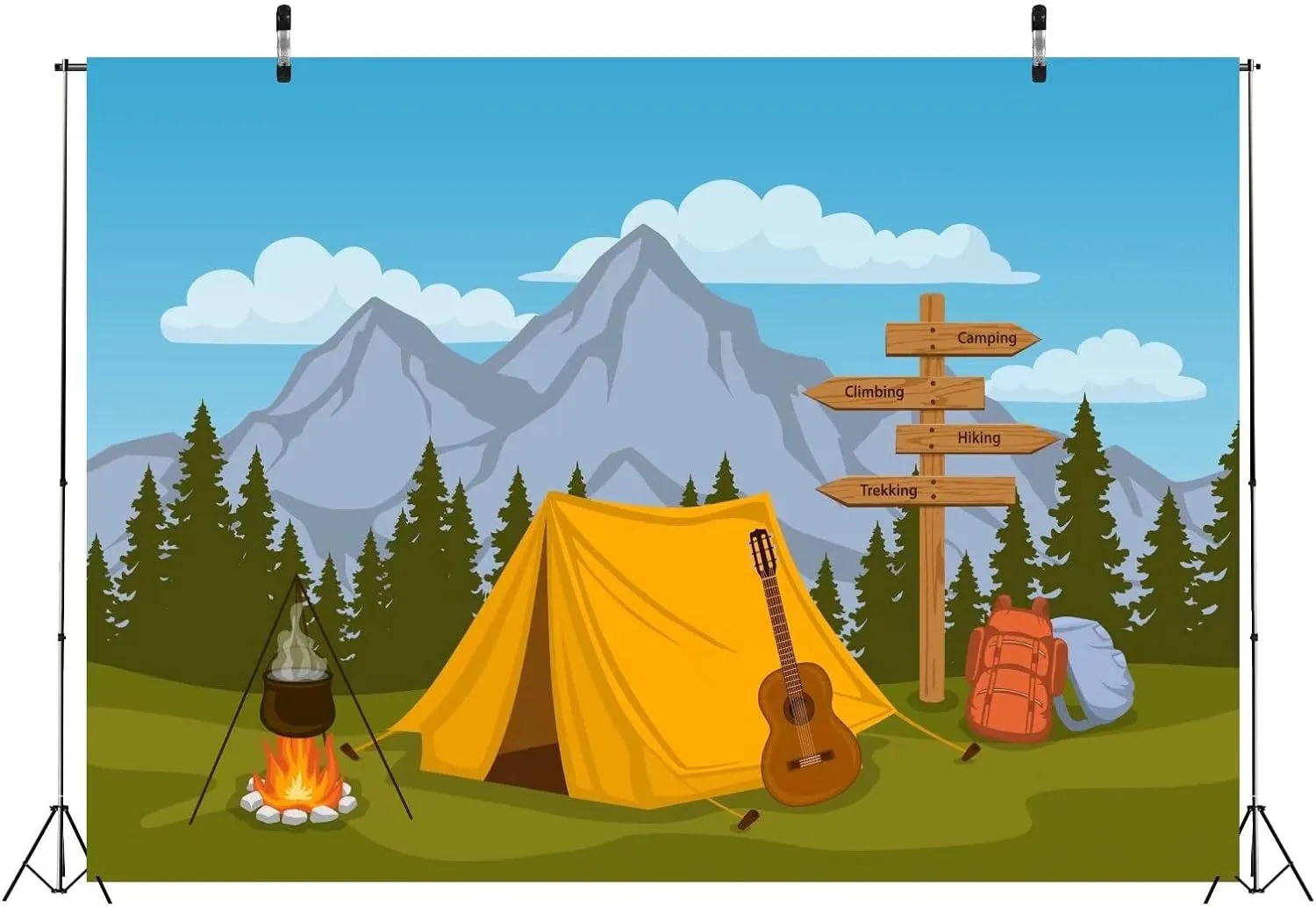 BELECO Cartoon Camping Backdrop 9x6ft Fabric Forest and Mountain Scenery Outdoor Campfire Camper Tent Theme Birthday Party Backdrop Hiking Climbing Sign Guitar Backpacks Background Photo Props