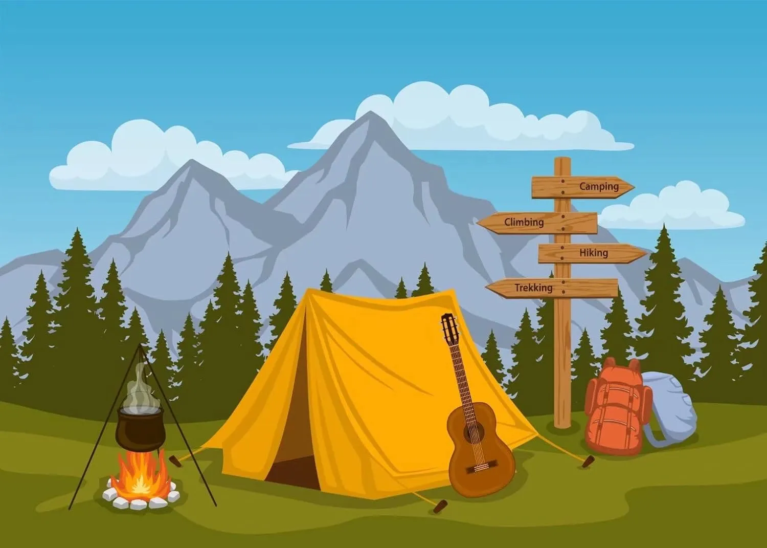 BELECO Cartoon Camping Backdrop 9x6ft Fabric Forest and Mountain Scenery Outdoor Campfire Camper Tent Theme Birthday Party Backdrop Hiking Climbing Sign Guitar Backpacks Background Photo Props