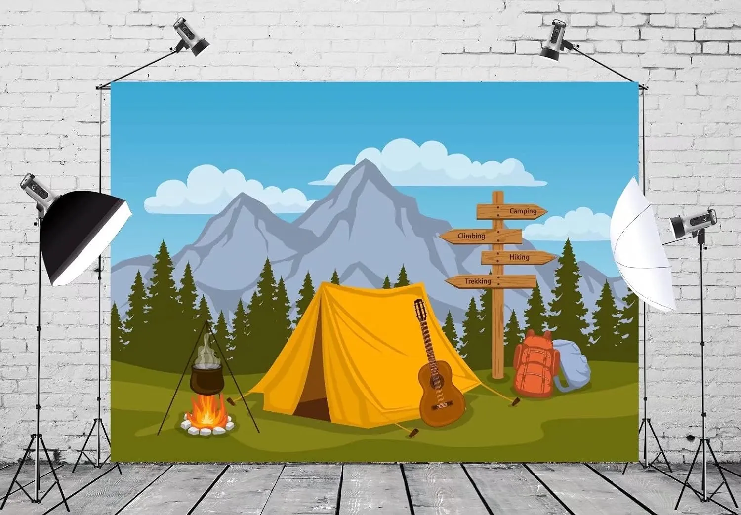 BELECO Cartoon Camping Backdrop 9x6ft Fabric Forest and Mountain Scenery Outdoor Campfire Camper Tent Theme Birthday Party Backdrop Hiking Climbing Sign Guitar Backpacks Background Photo Props