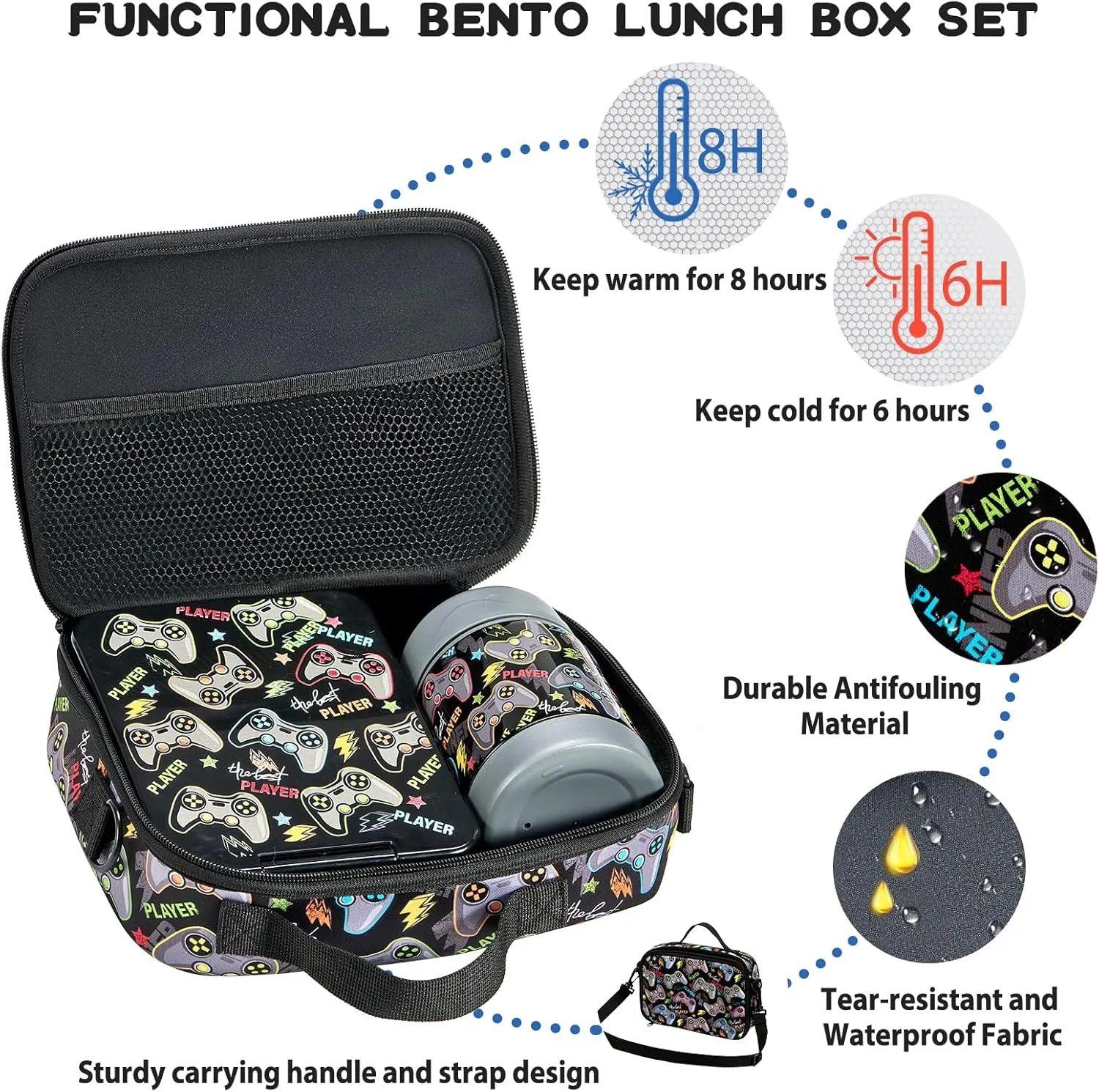 Bento Lunch Box Set for Kids with 10oz Soup Thermo, Leak-Proof Lunch Containers with 4 Compartment, Kids Thermo Hot Food Jar and Insulated Lunch Bag for Kid to School,BPA-Free(Black-Game Console)