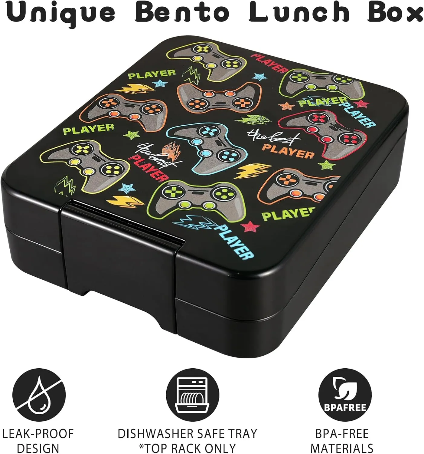 Bento Lunch Box Set for Kids with 10oz Soup Thermo, Leak-Proof Lunch Containers with 4 Compartment, Kids Thermo Hot Food Jar and Insulated Lunch Bag for Kid to School,BPA-Free(Black-Game Console)